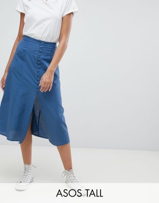 ASOS DESIGN Tall full midi skirt with button front-Blue