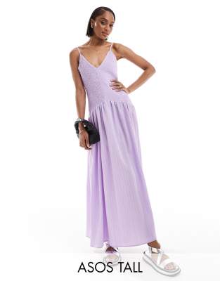 ASOS DESIGN Tall full skirt midi crinkle sundress in lilac - view 1