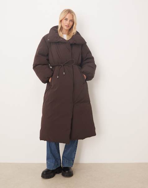 ASOS DESIGN Tall  funnel neck longline puffer jacket in chocolate - view 1