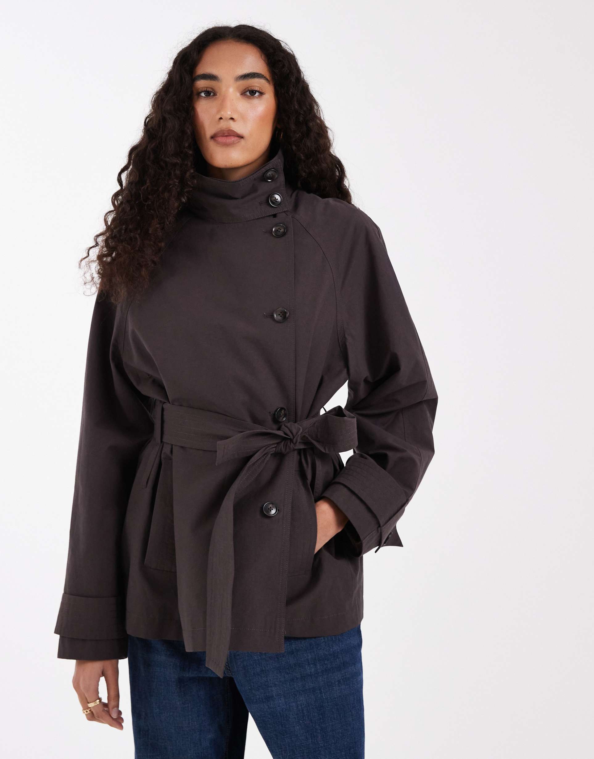 asos design tall funnel neck tie belt trench coat in chocolate