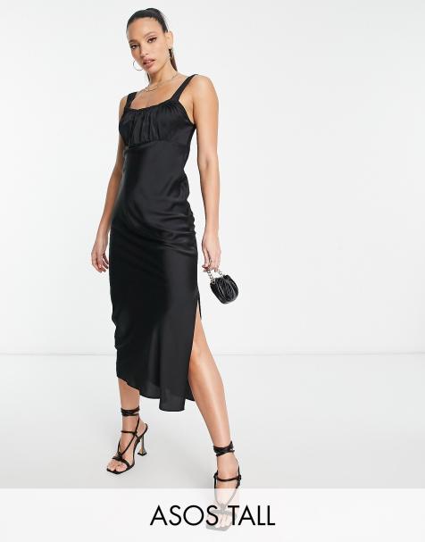 ASOS DESIGN sweetheart neckline ruched waist midi dress with cap sleeves in  black