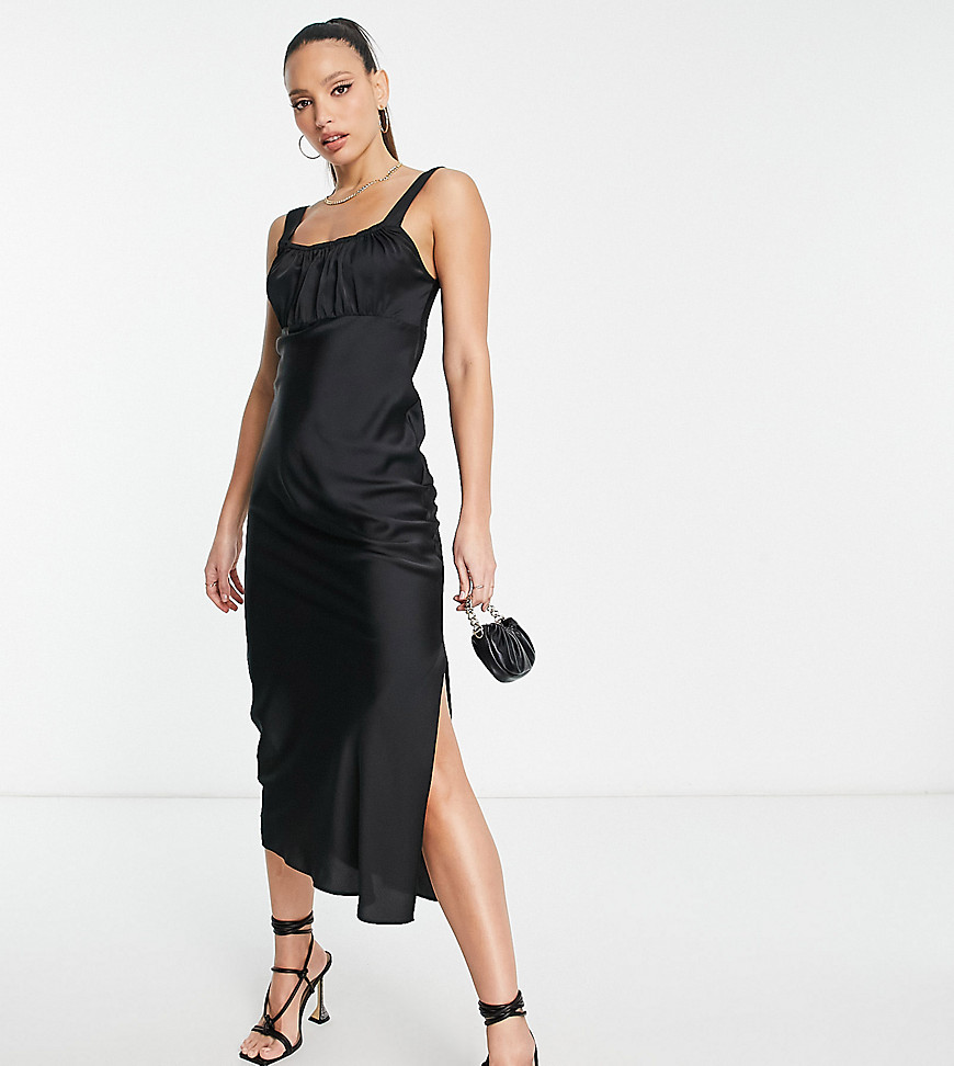Asos Tall Asos Design Tall Gathered Babydoll Satin Midi Slip Dress In Black