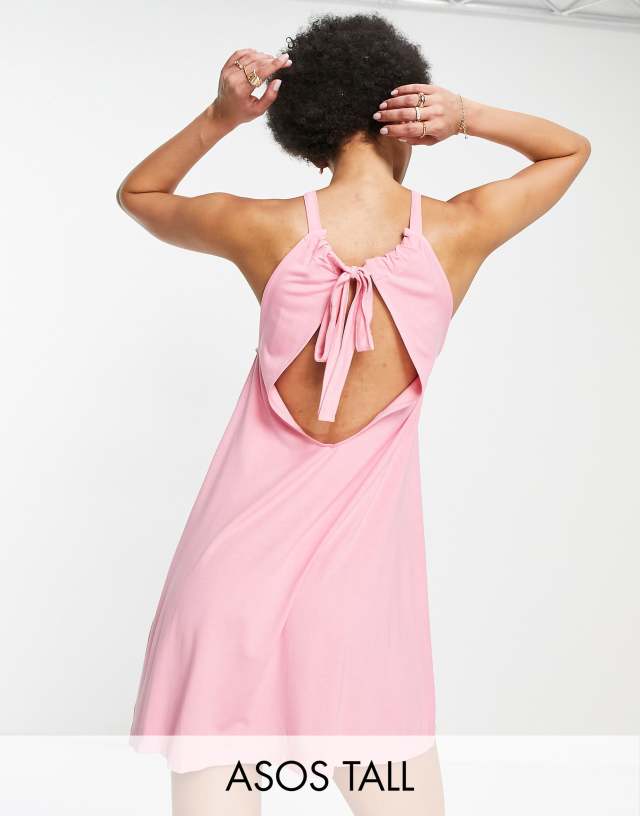 ASOS DESIGN Tall gathered neck mini dress with open back in bright pink