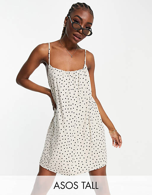 ASOS DESIGN Tall gathered neck strappy mini sundress in stone with black spot