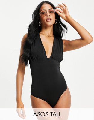 ASOS DESIGN Tall gathered plunge swimsuit in black  - ASOS Price Checker