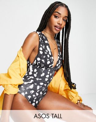 ASOS DESIGN Tall gathered plunge swimsuit in mono spot print
