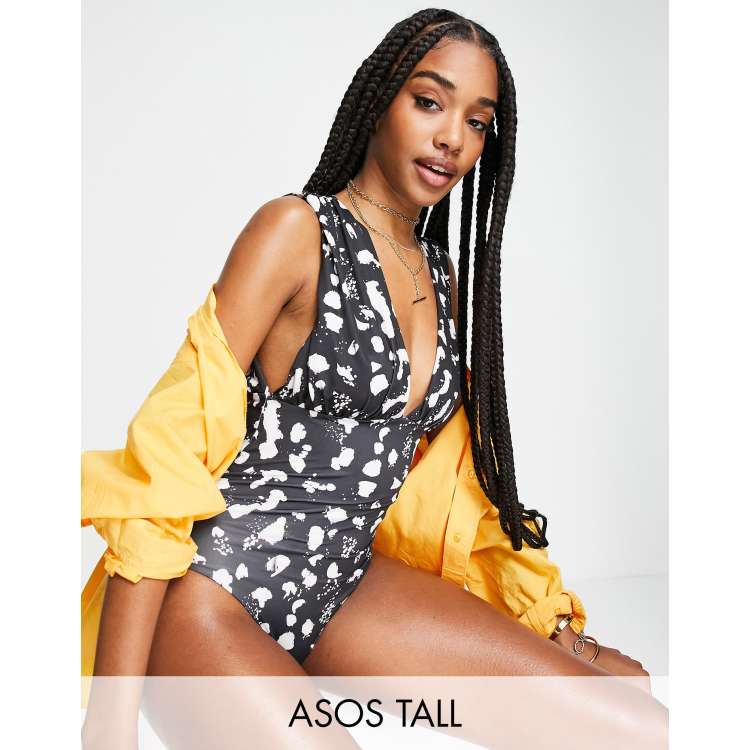 ASOS DESIGN gathered plunge swimsuit in black