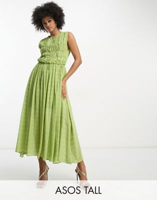 Asos Tall Asos Design Tall Gathered Textured High/low Midi Dress In Pistachio-green