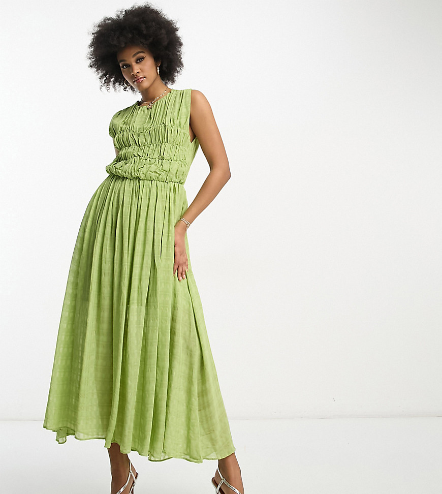 Asos Tall Asos Design Tall Gathered Textured High/low Midi Dress In Pistachio-green