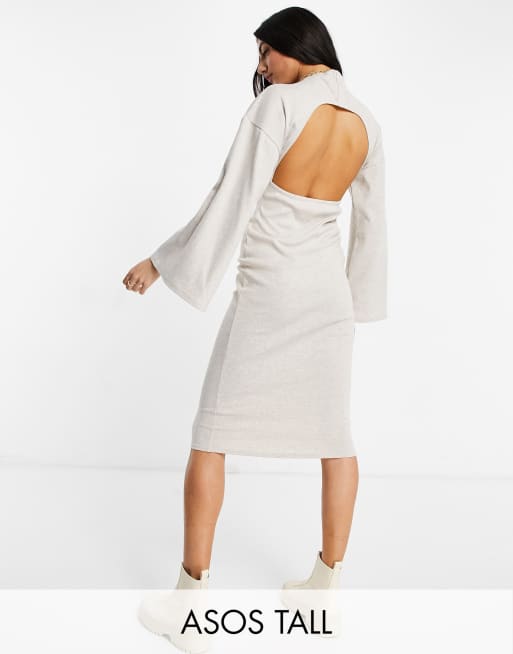 ASOS DESIGN Tall - Geborstelde geribbelde midi jurk met vleermuismouwen in lichtbeige