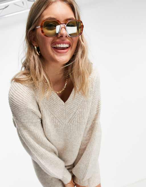 ASOS DESIGN Tall - Gebreide mini-jurk met V-hals in lichtbeige, 3 van 4