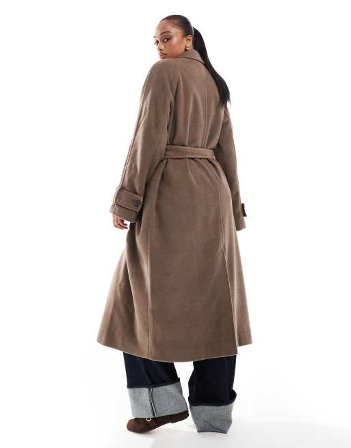 ASOS DESIGN Tall – Gebürsteter, eleganter Longline-Mantel in Pilzbraun mit Kragen, 3 von 4