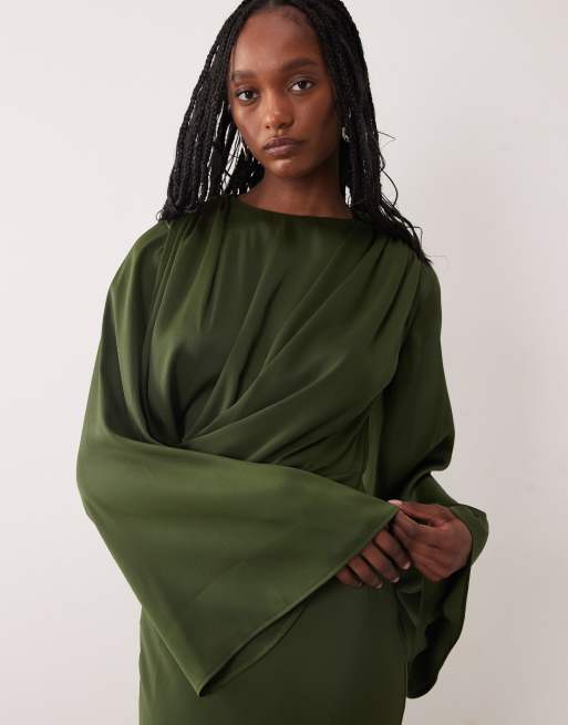 ASOS DESIGN Tall - Gedrapeerde maxi jurk met uitlopende mouwen in kaki, 3 van 4