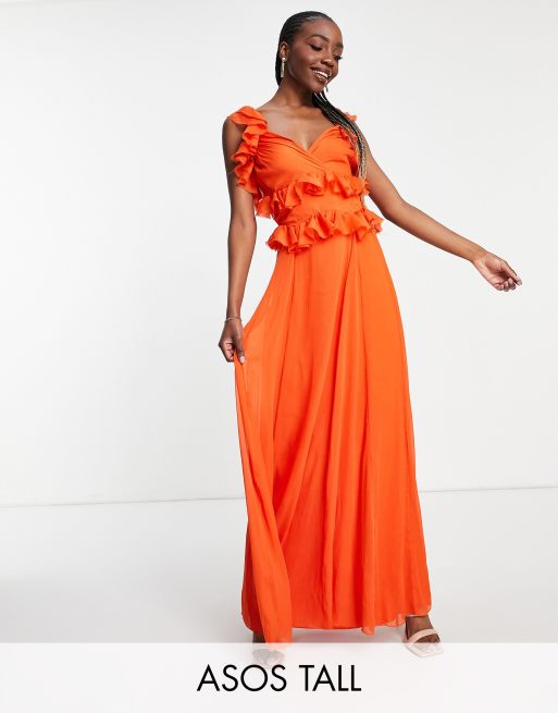 ASOS DESIGN Tall Gelaagde maxi jurk met ruches en gestrikte achterkant in oranje