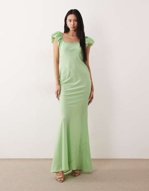 ASOS DESIGN Tall - Gelaagde rechtvallende jurk met ruches aan de mouwen in lichtgroen - view 1