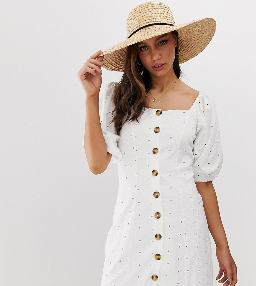 ASOS DESIGN – Tall – Gennemknappet tea-kjole i hulbroderi-Hvid