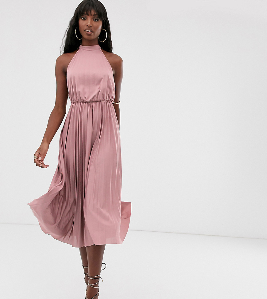 ASOS DESIGN Tall - Geplooide halflange jurk met halternek en aansluitende taille-Roze