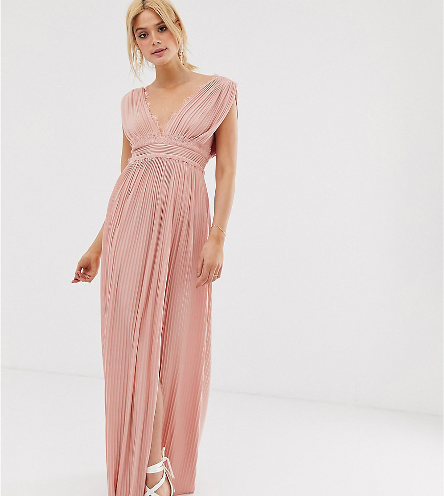 ASOS DESIGN Tall - Geplooide lange jurk met kanten inzetstukken-Roze