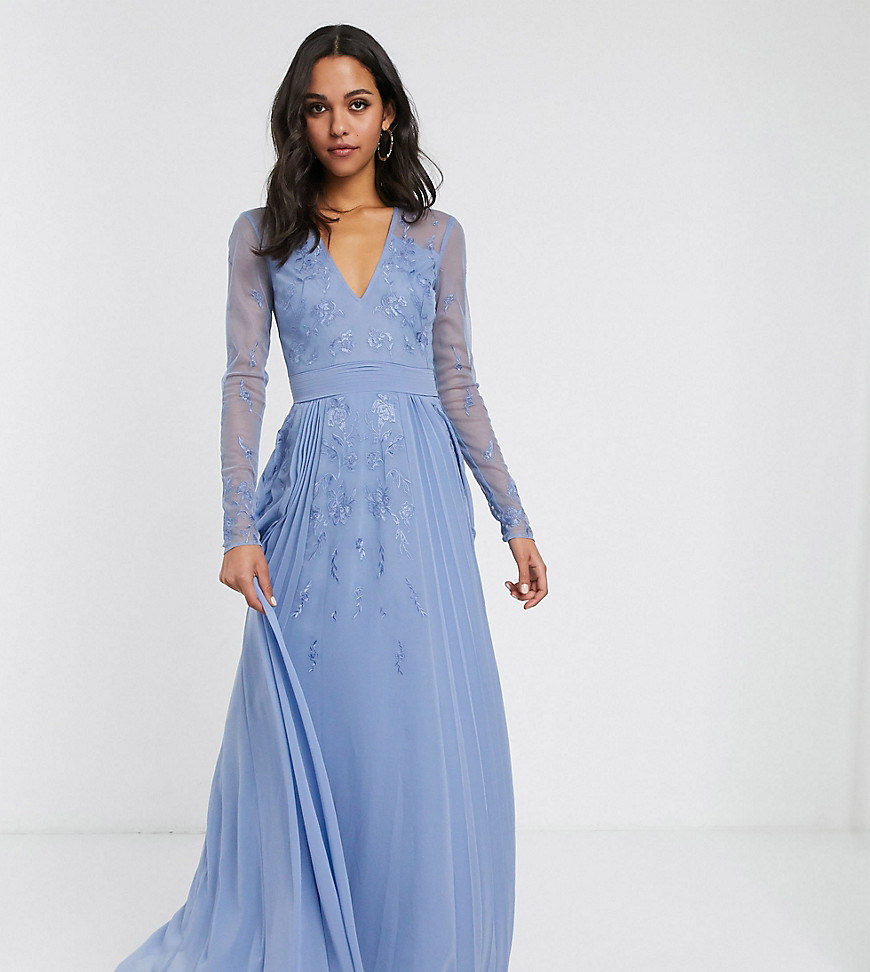 ASOS DESIGN Tall - Geplooide lange jurk met mesh en borduursel-Grijs