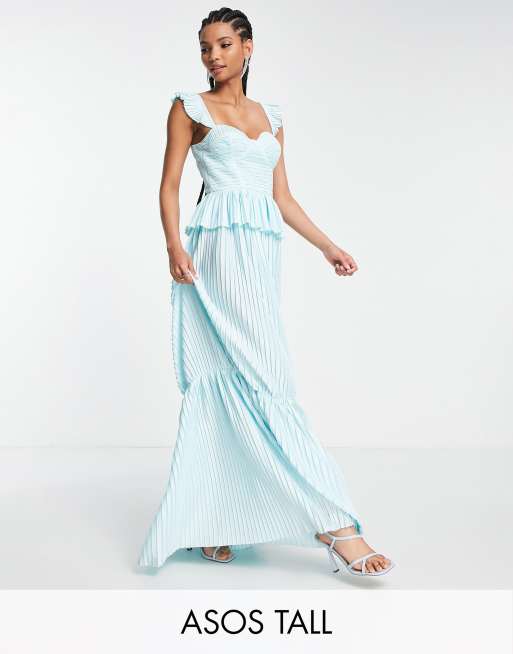 ASOS DESIGN Tall - Geplooide maxi jurk met korsetdetail en A-lijn in vaalblauw