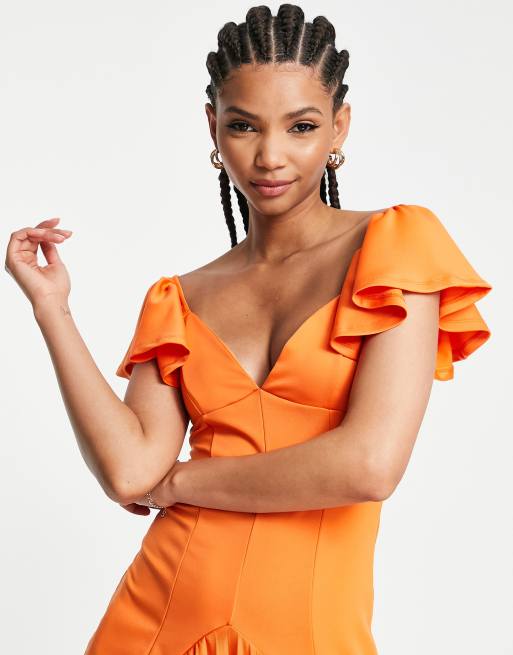 ASOS DESIGN Tall - Geplooide maxi jurk met ruches op de schouders in oranje - ORANGE, 3 van 4
