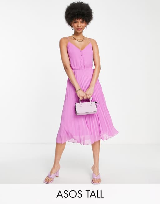 ASOS DESIGN Tall - Geplooide midi cami-jurk met knopen aan de voorkant trekkoord in de taille in paars