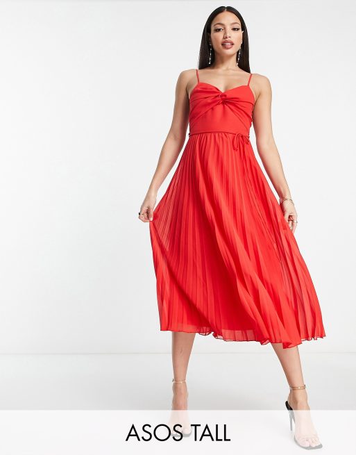 Asos Design Tall Geplooide Midi Jurk Met Gedraaide Voorkant Camibandjes En Riem In Rood Asos 6249