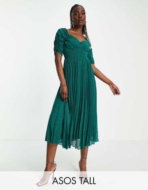 ASOS DESIGN Tall - Geplooide midi-jurk met rimpeleffect aan de voorkant en gesmokte taille van chevron-dobbystof in bosgroen