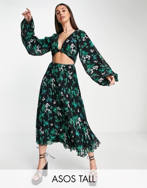 ASOS DESIGN Tall - Geplooide midi-jurk met wikkelbandjes en bloemenprint op donkere ondergrond - view 1