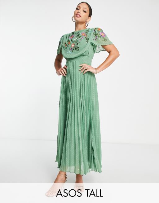 ASOS DESIGN Tall - Geplooide midi jurk van dobbystof met gedrapeerde halslijn en versiering in kaki 
