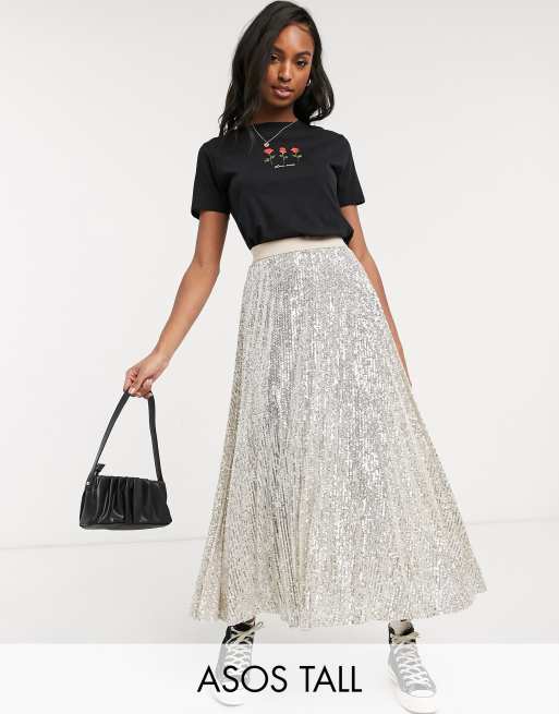 ASOS DESIGN - Tall - Geplooide midi-rok in zilver en lovertjes