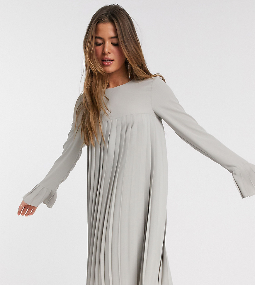 ASOS DESIGN - Tall - Geplooide mini-jurk met A-lijn en lange mouwen in grijs