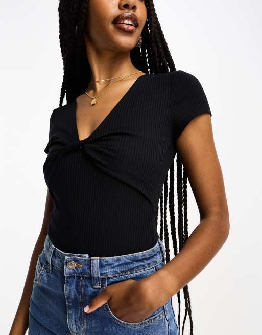ASOS DESIGN Tall - Geribbelde body met gedraaide buste en korte mouwen in zwart, 3 van 4