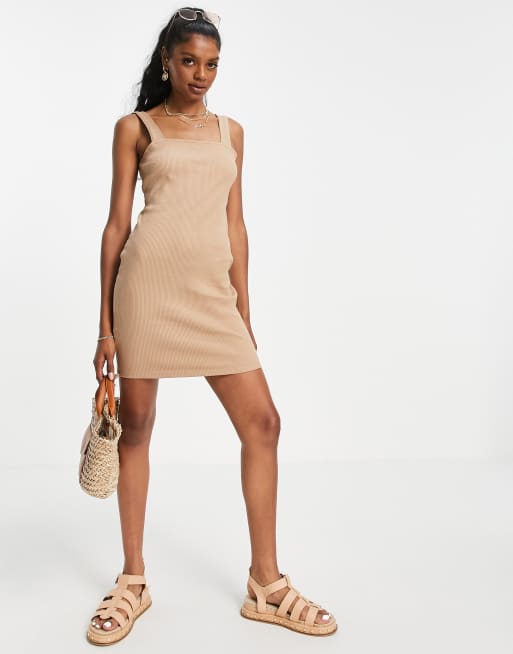 ASOS DESIGN Tall - Geribbelde bodycon mini-jurk met vierkante hals in naturel, 2 van 4