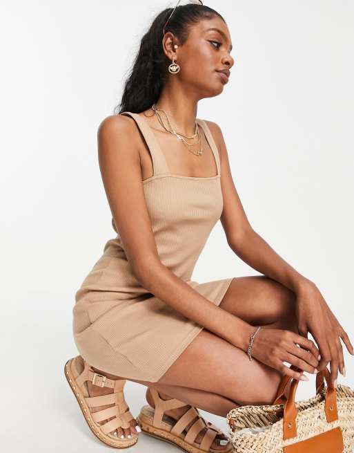 ASOS DESIGN Tall - Geribbelde bodycon mini-jurk met vierkante hals in naturel, 3 van 4