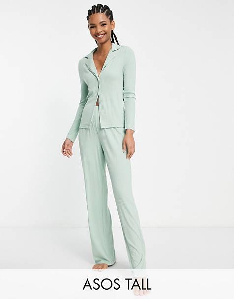 ASOS Asos Design Tall Dames Kleding voor voor Jassen voor Bontjassen Pyjamaset Met Overhemd En Broek Van Modal Met Fijne Bloemenprint in het Blauw 