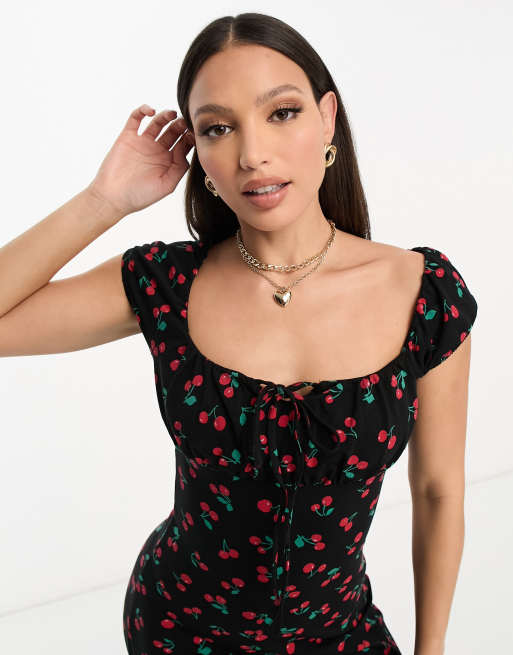 ASOS DESIGN Tall - Gerimpelde nette midi jurk met kapmouwtjes in zwart met kersenprint, 2 van 4