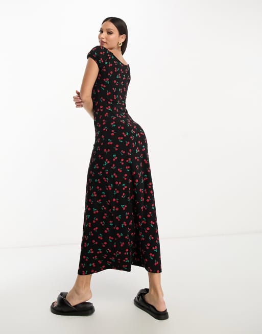 ASOS DESIGN Tall - Gerimpelde nette midi jurk met kapmouwtjes in zwart met kersenprint, 3 van 4