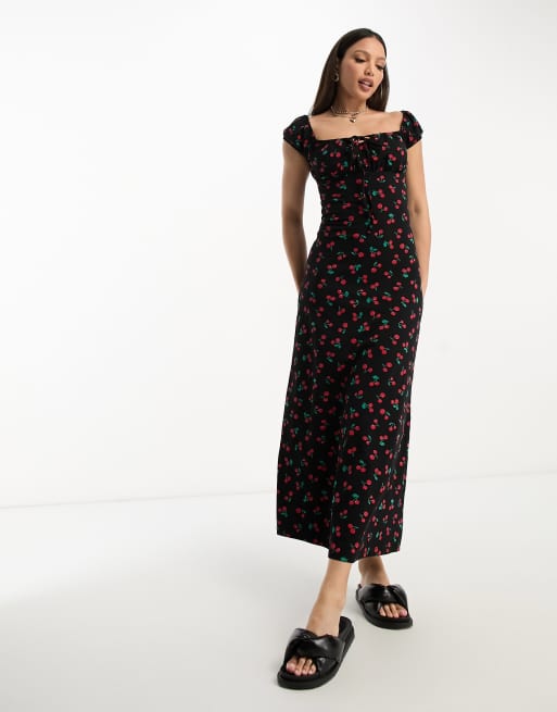 ASOS DESIGN Tall - Gerimpelde nette midi jurk met kapmouwtjes in zwart met kersenprint, 4 van 4