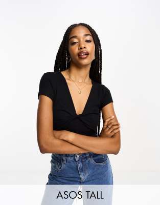 ASOS DESIGN Tall - Gerippter, kurzärmliger Body in Schwarz mit verdrehter Brustpartie