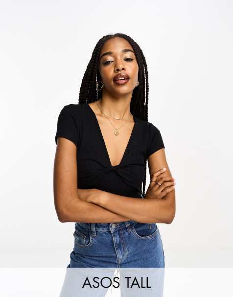 ASOS DESIGN Tall – Gerippter, kurzärmliger Body in Schwarz mit verdrehter Brustpartie - view 1