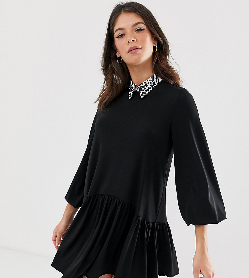 ASOS DESIGN Tall - Gesmokte mini-jurk met mono luipaardkraag-Zwart