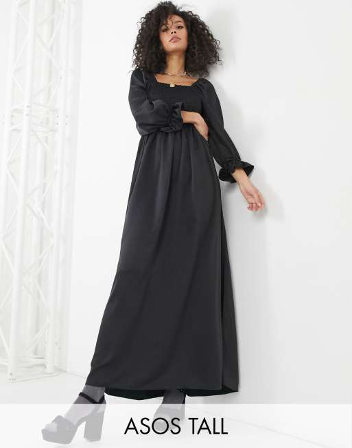 ASOS DESIGN Tall - Gesmokte satijnen maxi-jurk in zwart