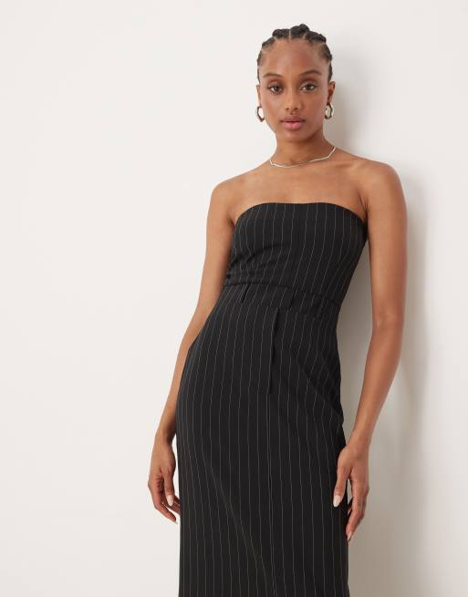 ASOS DESIGN Tall - Gestreepte maxi bandeau-jurk met split aan de voorkant in zwart, 4 van 4