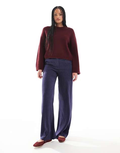 ASOS DESIGN Tall - Gestreepte ruimvallende broek met linnenlook en rechte pijpen in marineblauw - view 1