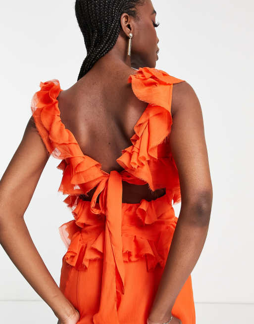 ASOS DESIGN Tall Gestuftes Maxikleid in Orange mit Schnurung hinten und Ruschen