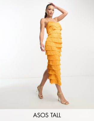 ASOS DESIGN Tall - Gestuftes Midi-Fransenkleid in Orange mit hinten überkreuzten Trägern