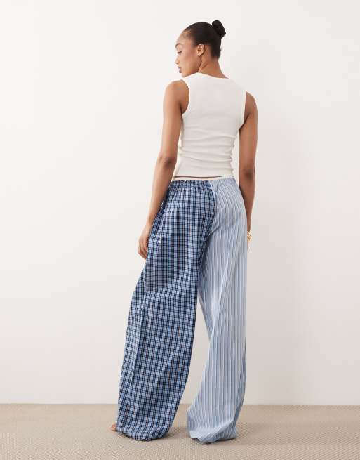 ASOS DESIGN Tall - Geweven gesplitste pyjamabroek met dubbele tailleband in blauw gestreept en geruit, 3 van 4