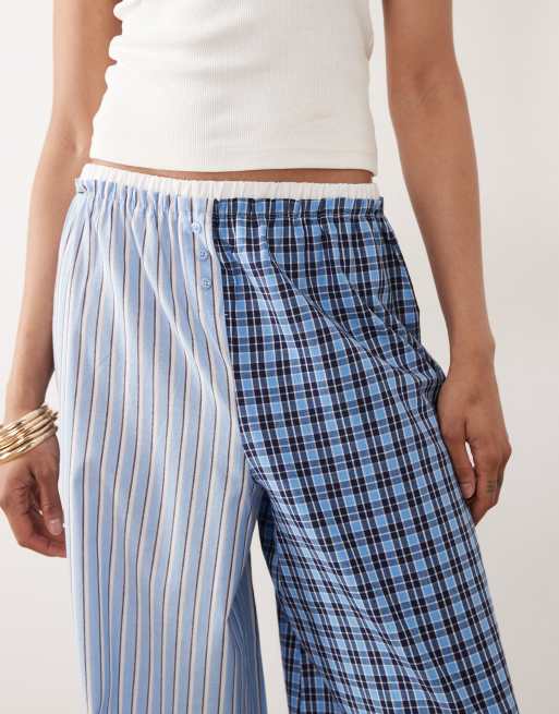 ASOS DESIGN Tall - Geweven gesplitste pyjamabroek met dubbele tailleband in blauw gestreept en geruit, 4 van 4
