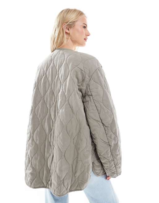 ASOS DESIGN Tall - Giacca trapuntata kaki senza colletto con fondo arrotondato, 4 di 4